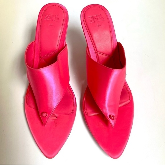 Zara SATIN EFFECT HIGH HEEL SANDALS Barbie neon pink women’s size 8 - Picture 5 of 12